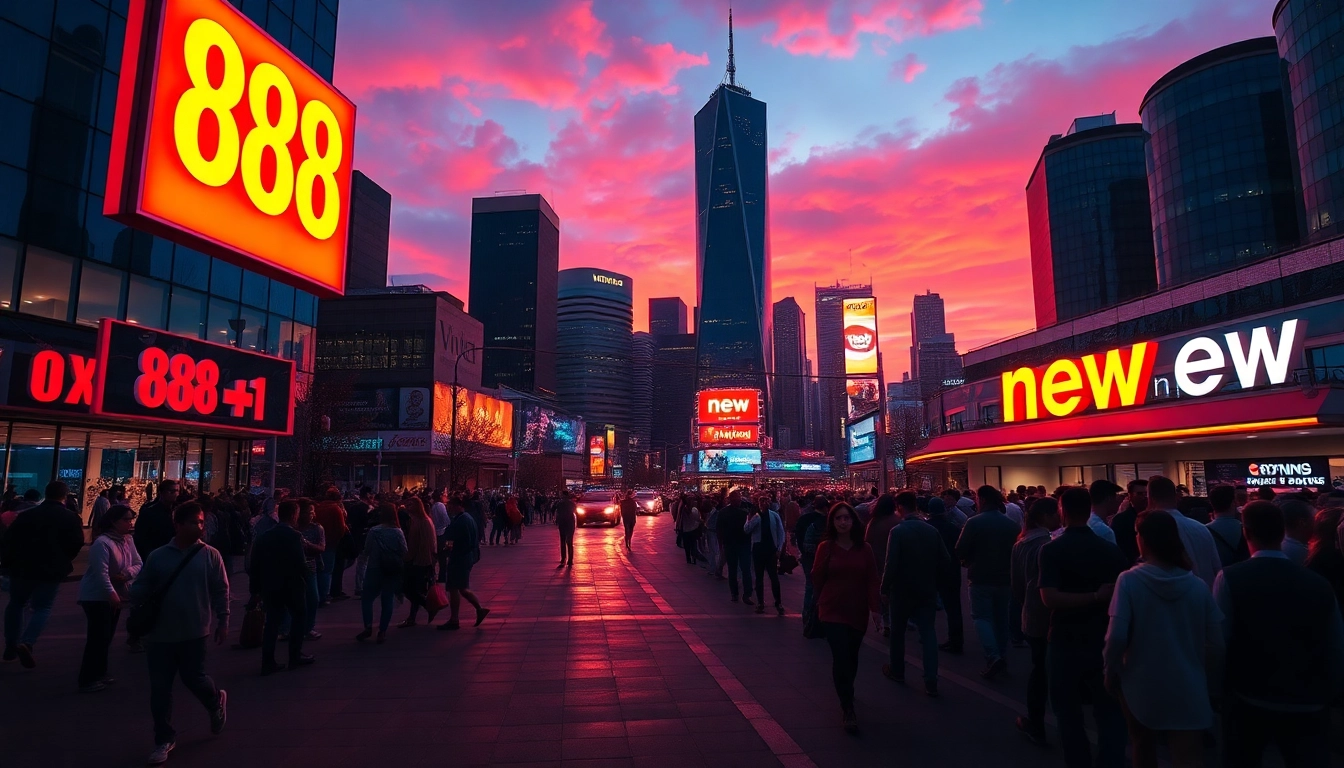 Capture the vibrant nightlife of a city showcasing 888 new with illuminated skyscrapers and a bustling street.