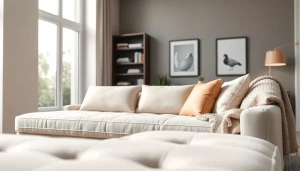 Cozy sofa bed adorned with pastel cushions in a modern living room setting.
