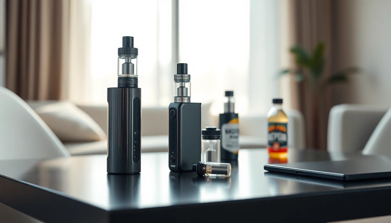 Vape setup mit elegantem Gerät und Geschmacksflaschen auf einem modernen Tisch.