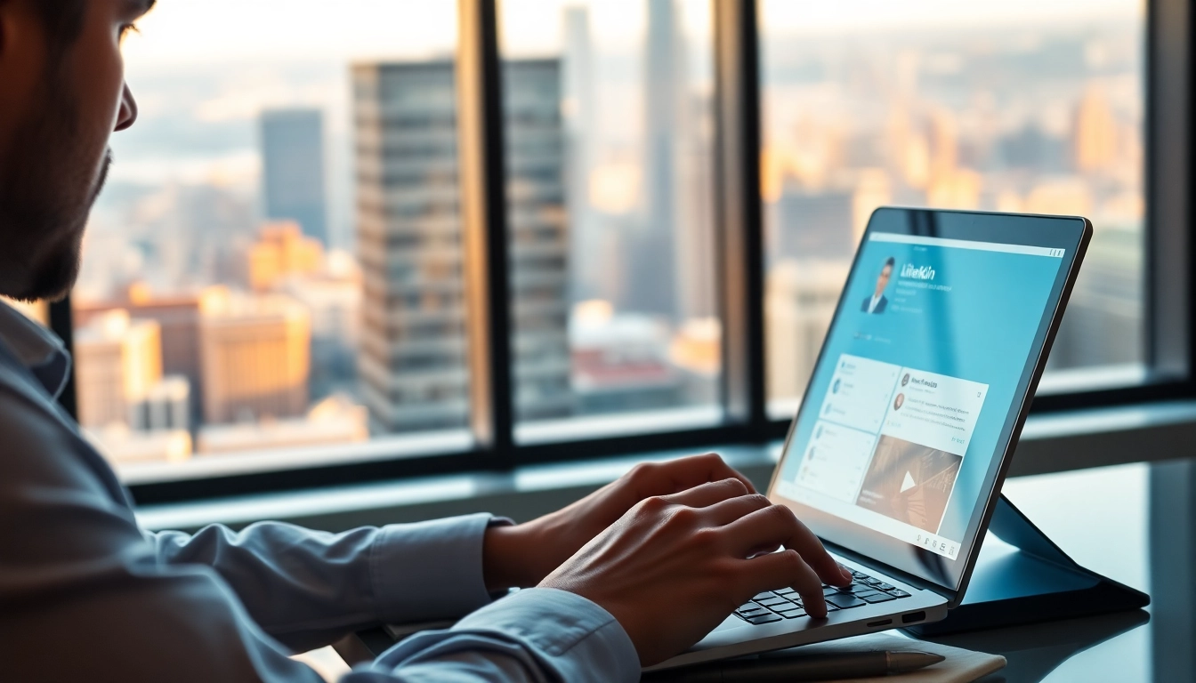 Utilizing a LinkedIn Profile Rental for effective networking in a modern office setting.