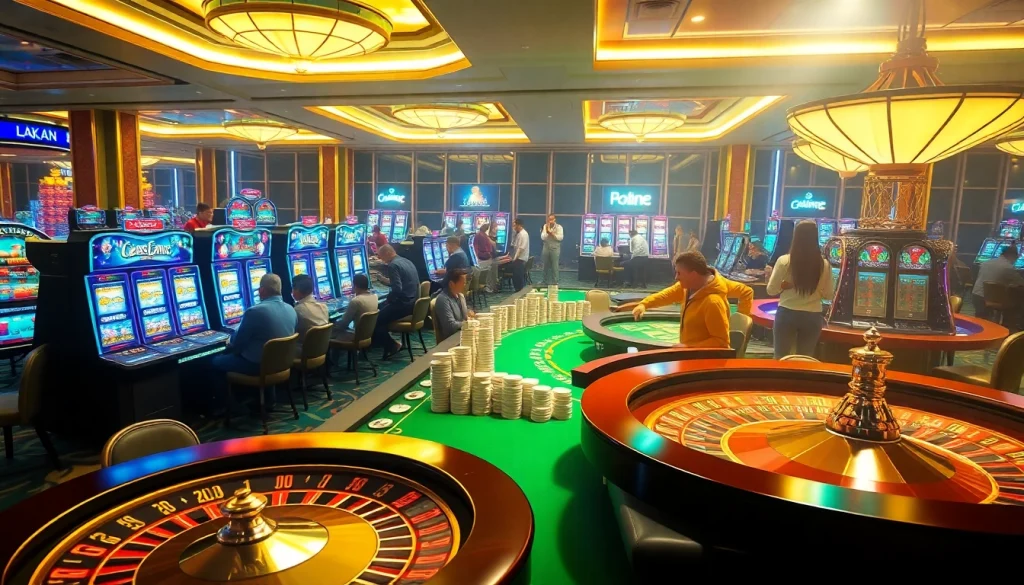 Experience the vibrant gambling world of KJC AC 1 with players enjoying casino tables and slot machines.