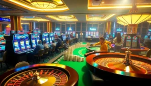 Experience the vibrant gambling world of KJC AC 1 with players enjoying casino tables and slot machines.