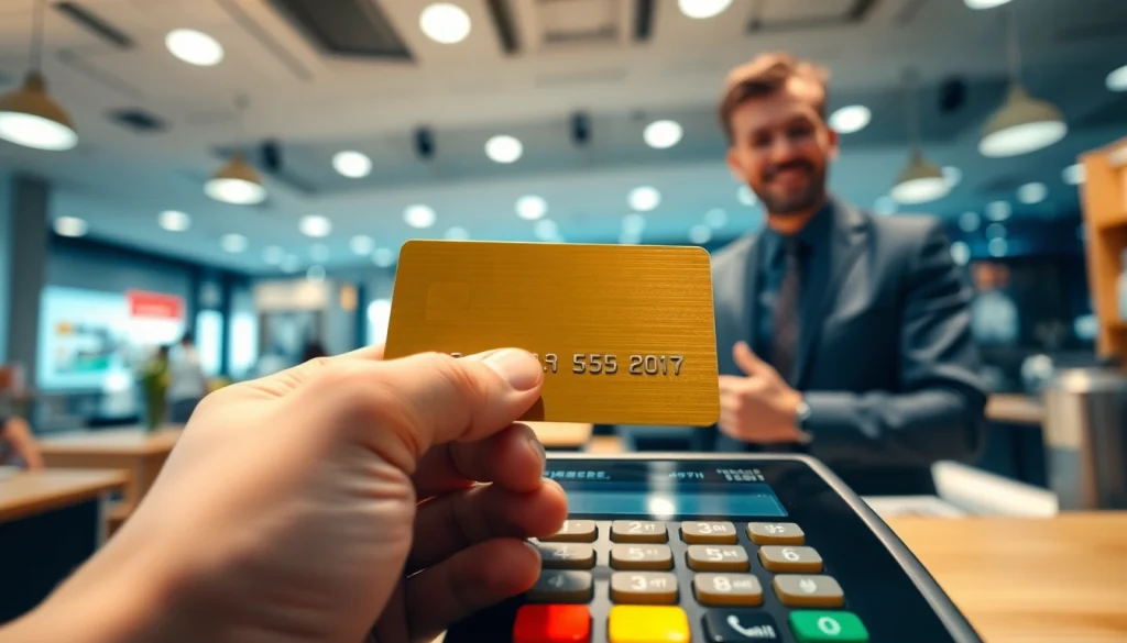 신용카드 현금화의 꼭 필요한 방법을 보여주는 디지털 포스 단말기에서 카드와 함께 긍정적인 상호작용을 하는 장면