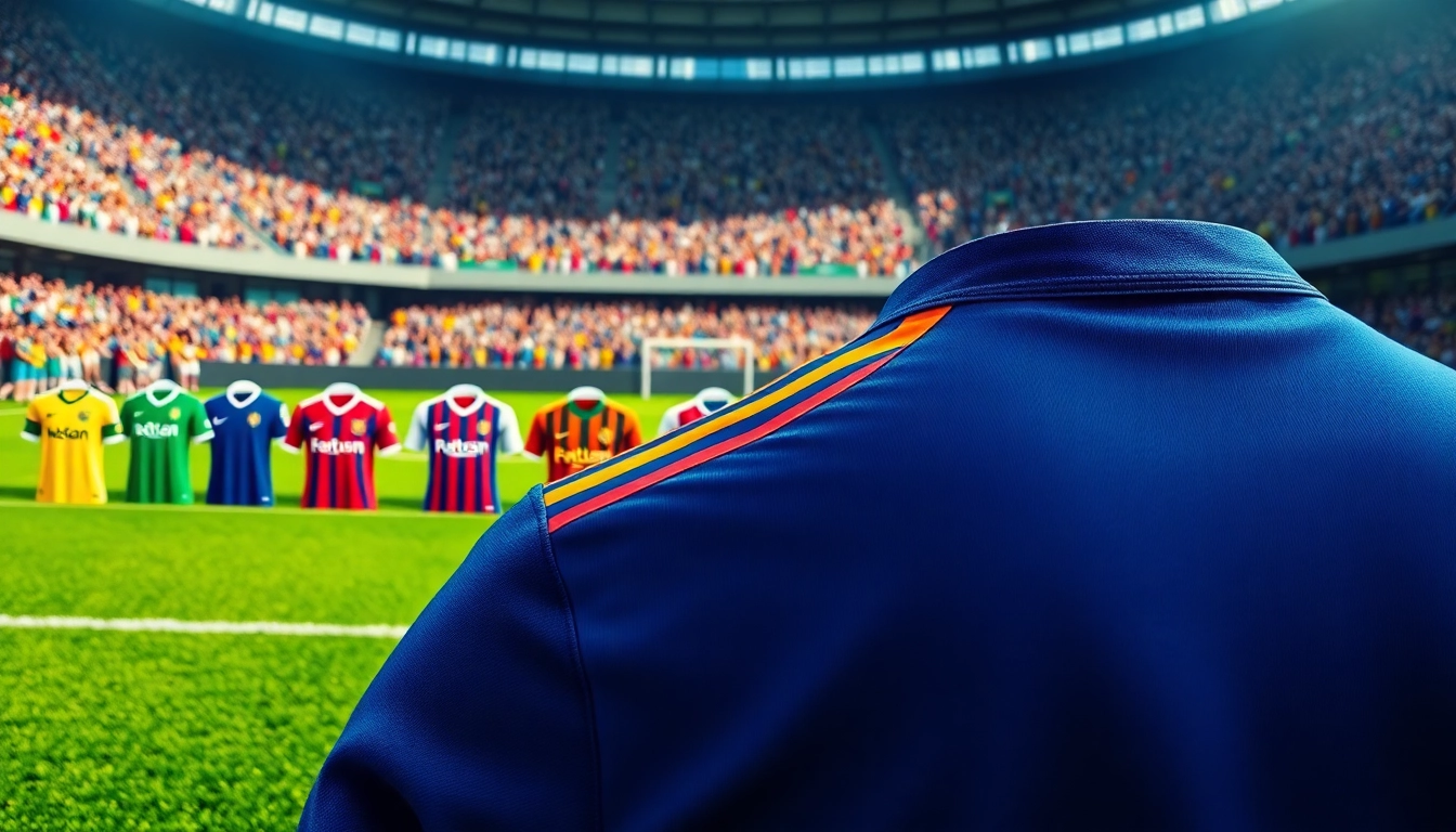 Showcase of various football kits in vibrant colors worn by players in an energetic match setting.