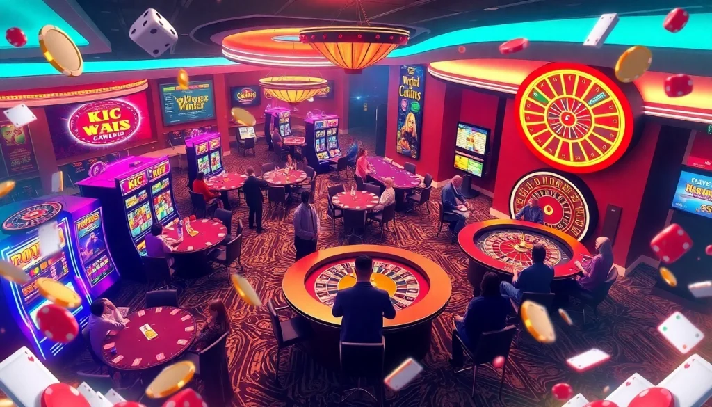 An engaging casino scene with players enjoying KJC AC games, poker tables, and vibrant slot machines.