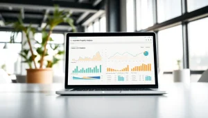 Analyze investment property analysis data with graphs and financial metrics displayed on a laptop in a bright office.