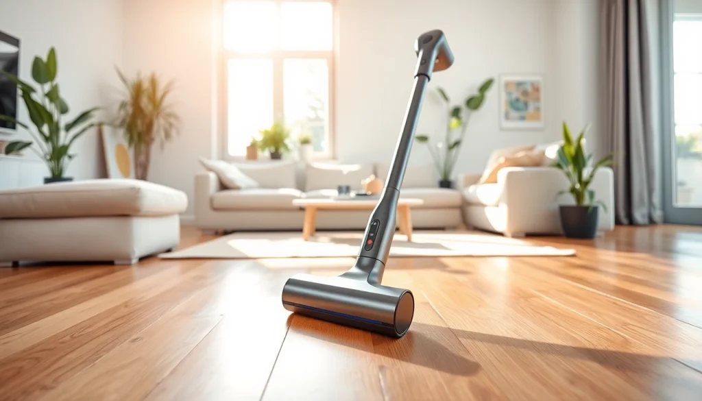 Highlight the best cordless vacuum positioned elegantly in a stylish living room.