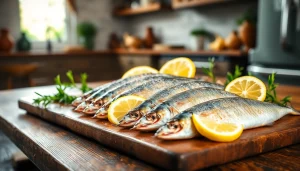 Delicious sardianas en aceite de oliva arranged artfully with lemon slices and herbs.