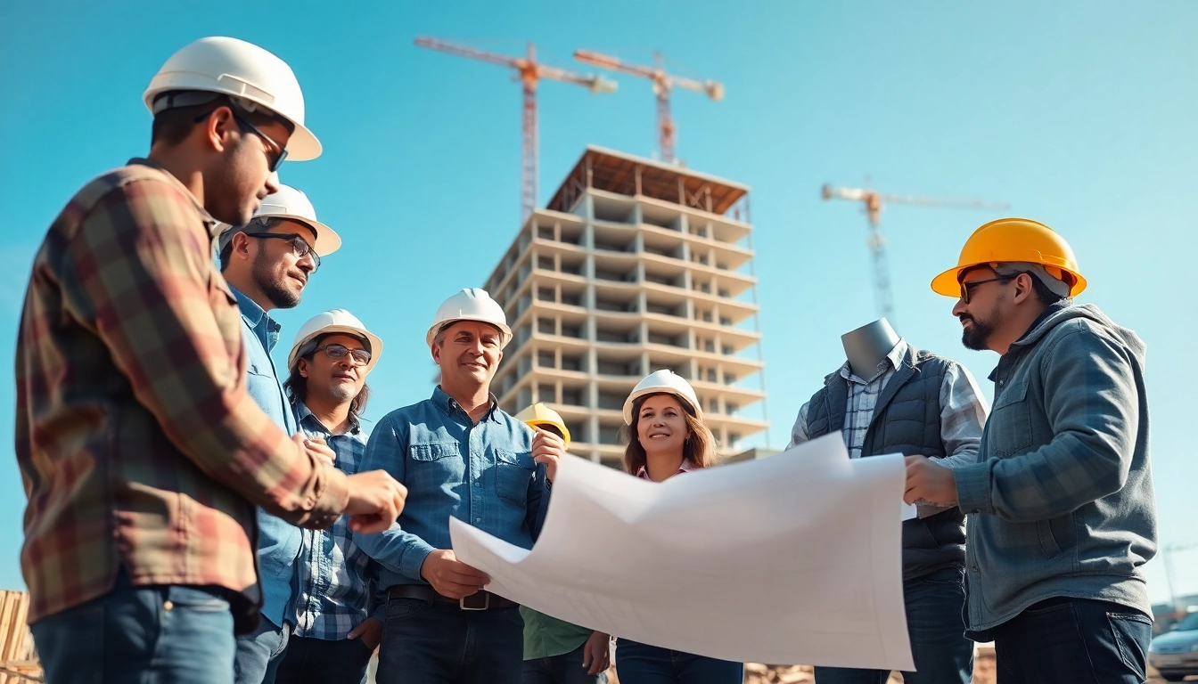 Collaborative team of New Jersey Commercial General Contractor professionals discussing blueprints on a construction site.