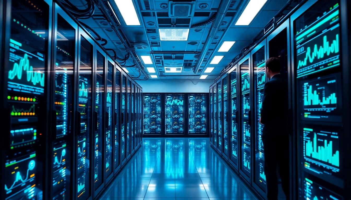 Cloud mining data center with high-tech servers and real-time analytics displayed.