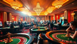 Gamers enthusiastically playing at stylish casino tables at https://whycazino.com during a vibrant night.