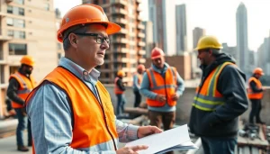 New York General Contractor supervises a construction project with workers in New York urban setting.