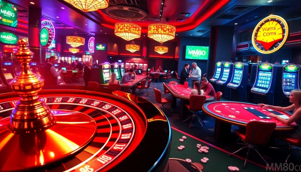 Engage with mm88 com at a thrilling casino showcasing roulette, card tables, and vibrant slot machines.
