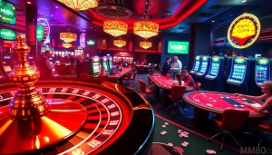 Engage with mm88 com at a thrilling casino showcasing roulette, card tables, and vibrant slot machines.