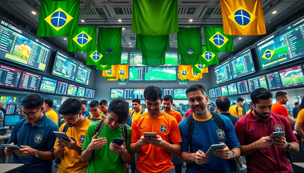 Engaged bettors analyzing odds at the best sportsbooks in Brazil in a vibrant setting