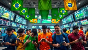 Engaged bettors analyzing odds at the best sportsbooks in Brazil in a vibrant setting