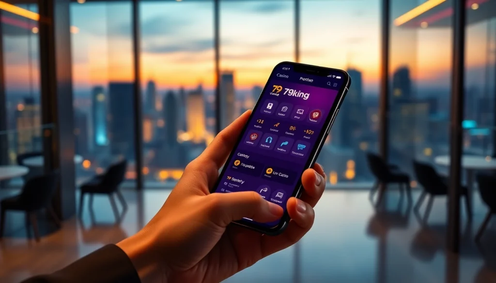 Painel do aplicativo móvel 79king em um smartphone elegante em um lounge premium para jogadores