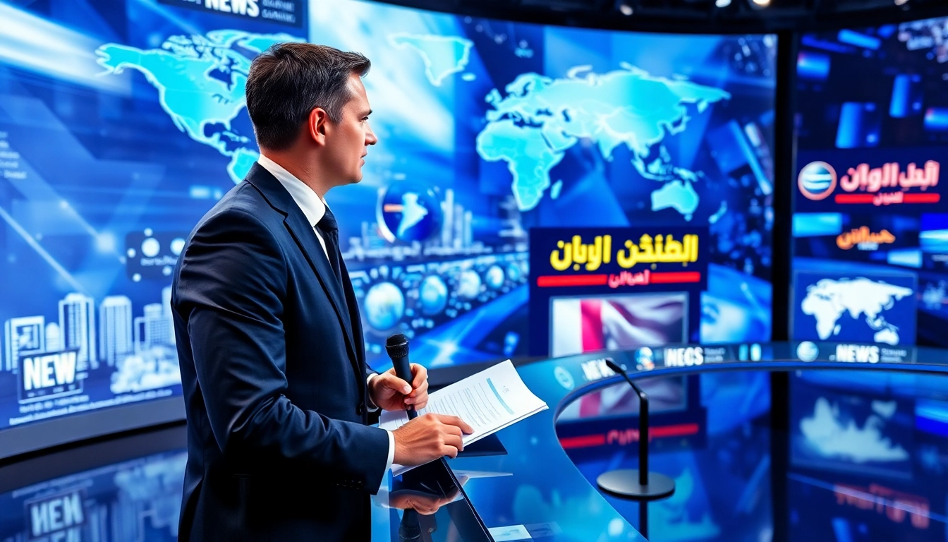 تغطية اخبار العرب من قبل مذيع أخبار محترف، في استوديو حديث مع خلفية ملونة