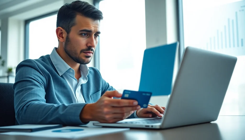 카드깡의 본질을 탐구하는 비즈니스맨이 컴퓨터 화면을 주의 깊게 살펴보는 모습