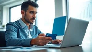 카드깡의 본질을 탐구하는 비즈니스맨이 컴퓨터 화면을 주의 깊게 살펴보는 모습