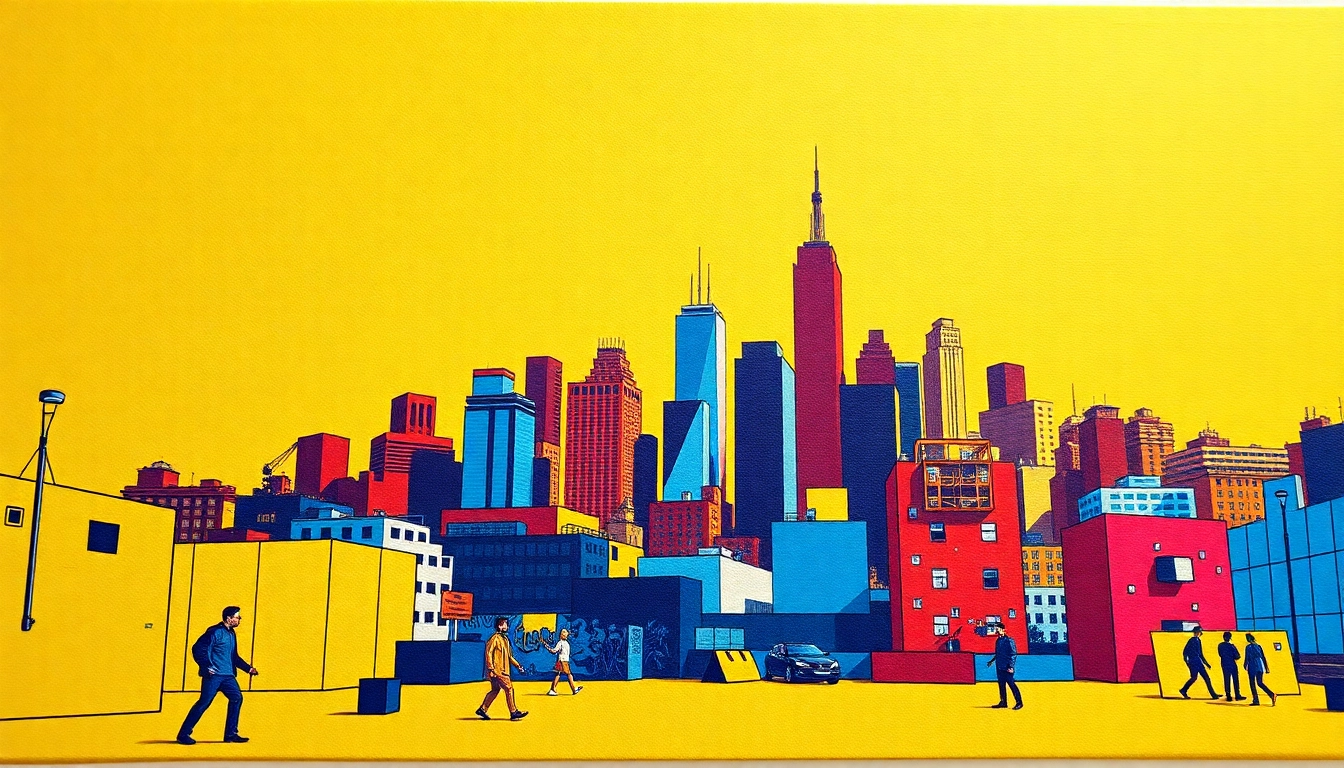 Bright pop art canvas showcasing an abstract city skyline, vibrant and energetic.
