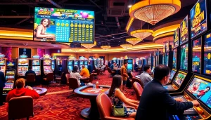 Menggambarkan kasinojitu yang semarak dengan pemain menikmati berbagai permainan di lingkungan digital.