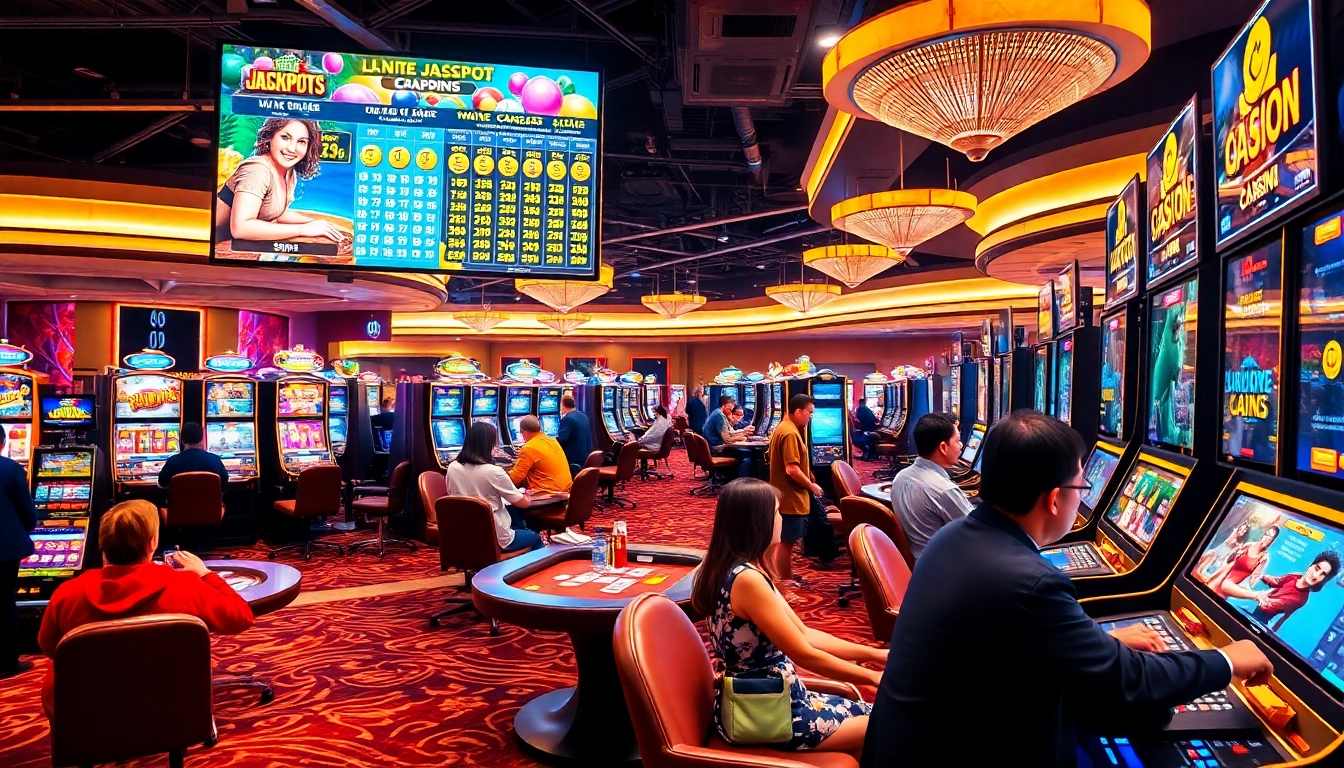 Menggambarkan kasinojitu yang semarak dengan pemain menikmati berbagai permainan di lingkungan digital.