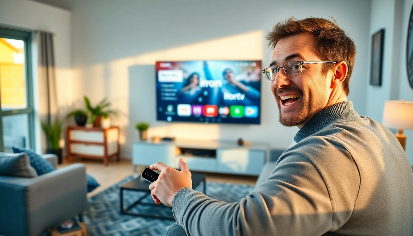 Engaging user interacting with the iron tv pro streaming experience in a modern living room.
