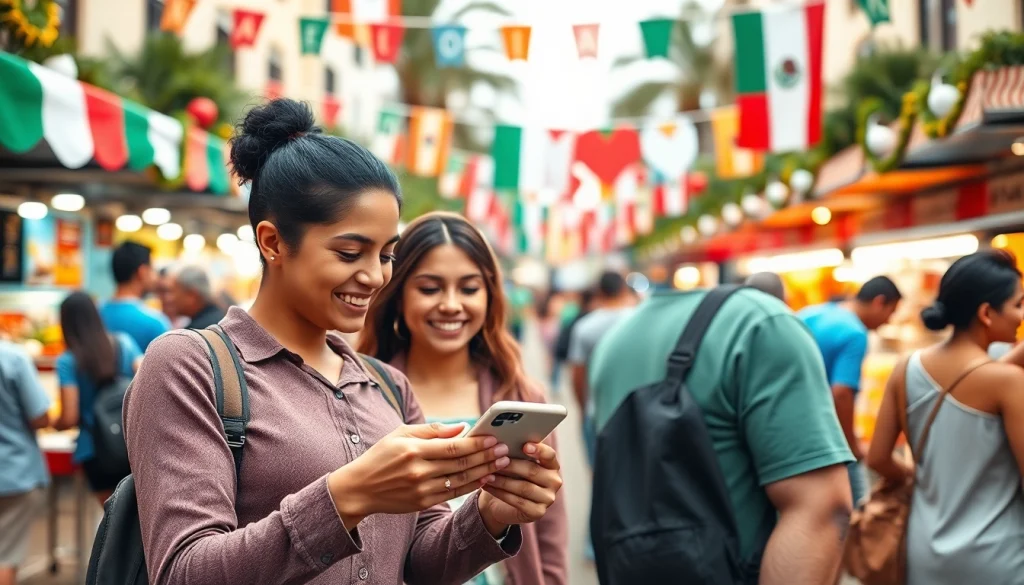 Engaging moment of sports betting in Mexico with a couple using a betting app in a lively plaza.