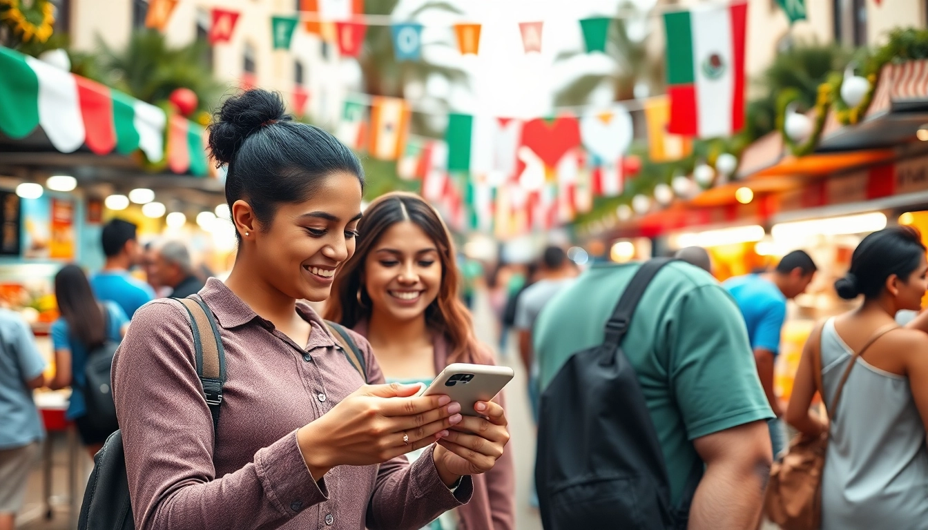 Engaging moment of sports betting in Mexico with a couple using a betting app in a lively plaza.