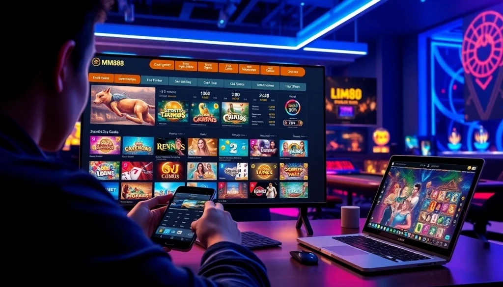 Interactive gaming display on https://mm88.sa.com/ showcasing casino and sports betting.