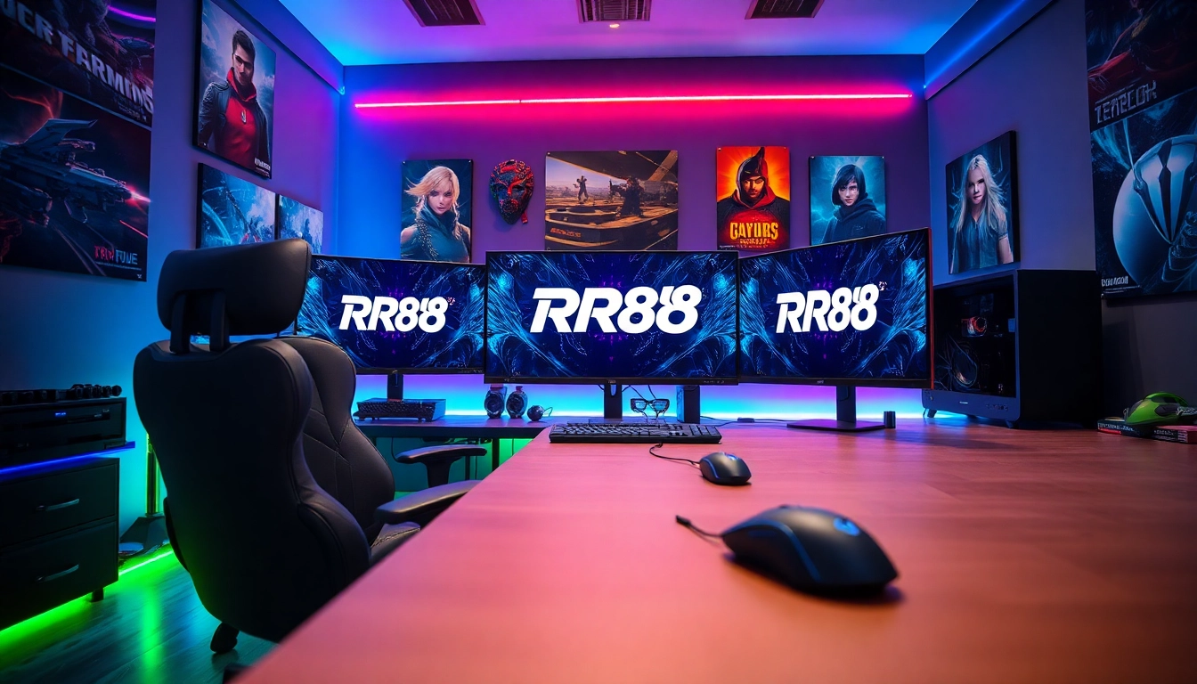 Engaging gaming setup highlighting RR88 with vibrant lighting and advanced equipment.