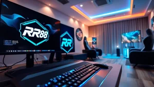 Showcase of a modern gaming setup with RR 88 branding, highlighting dynamic and energetic elements.