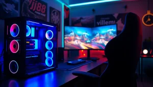 Engage in thrilling gameplay with the vj88 gaming setup featuring RGB lighting and dual monitors.