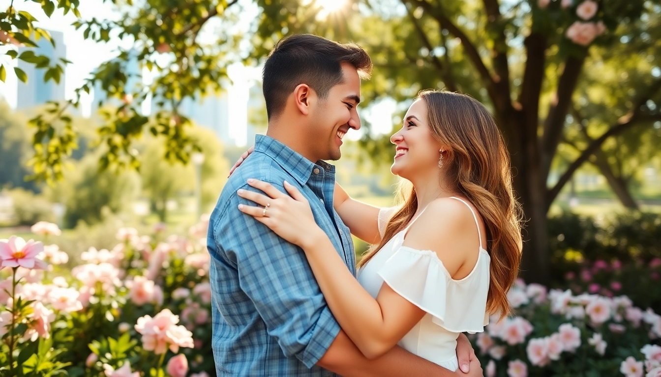 Engagement photographers Tampa capturing a couple's love in a vibrant garden setting.