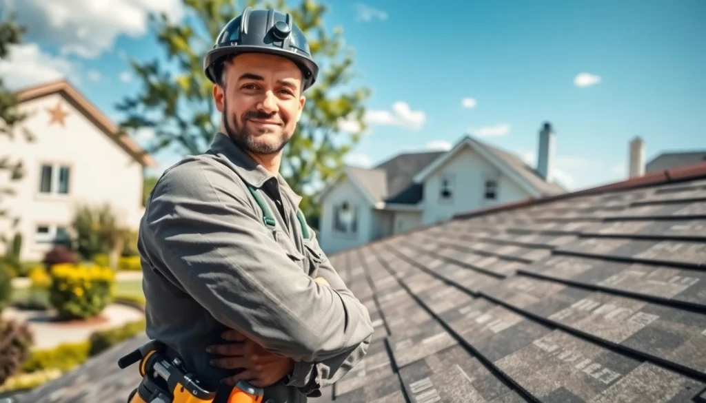 Install high-quality roofing solutions with a professional inspecting a roof in a sunny neighborhood.
