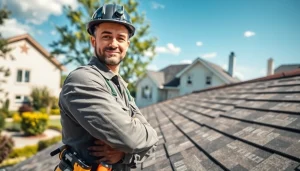 Install high-quality roofing solutions with a professional inspecting a roof in a sunny neighborhood.