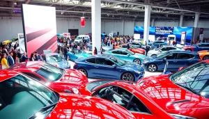 Showcase of vehicles at an Auto Cars Show event with vibrant displays and excited attendees.