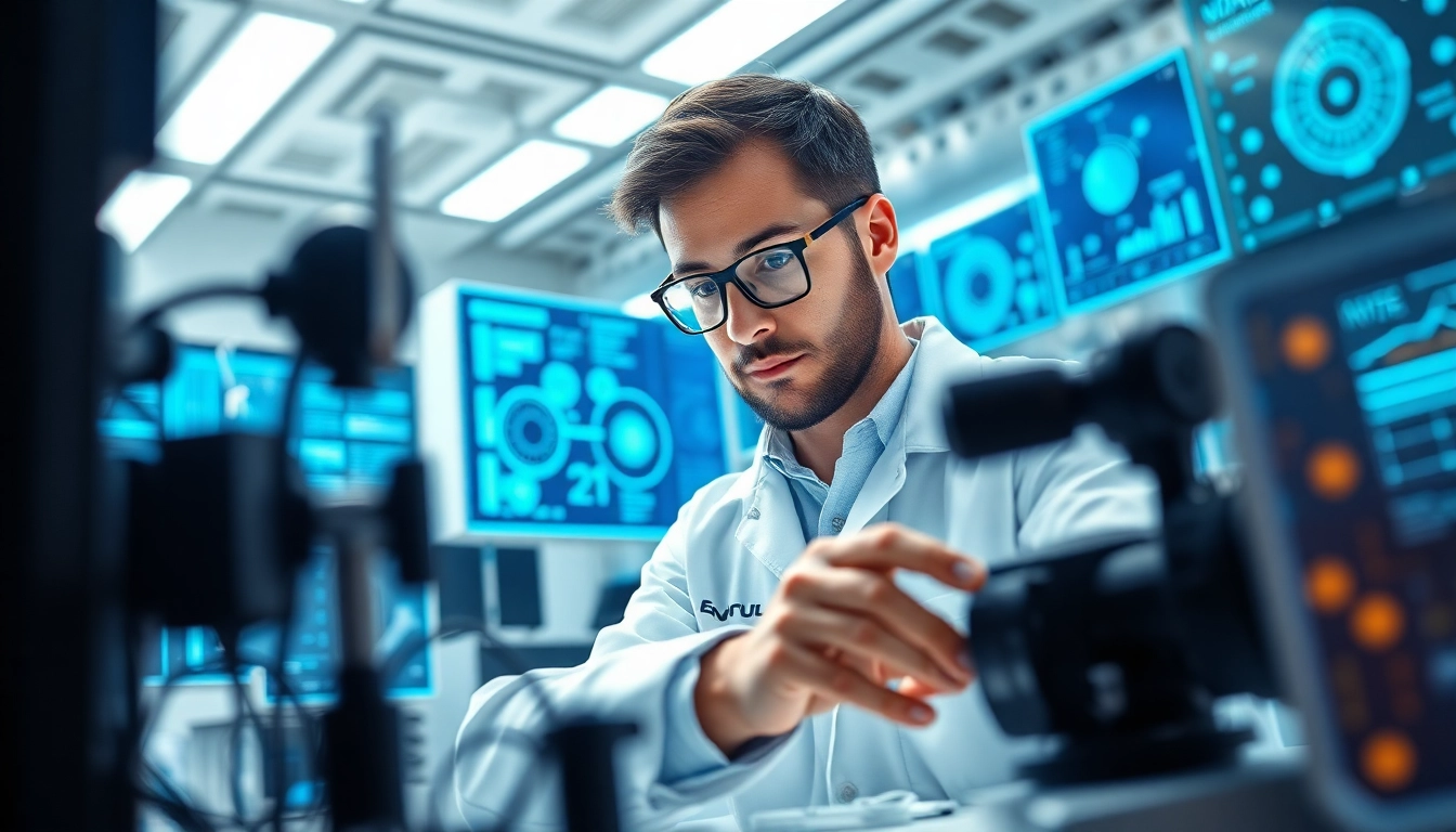 Engineering advancements in Technology highlighted by a focused professional in a modern lab.