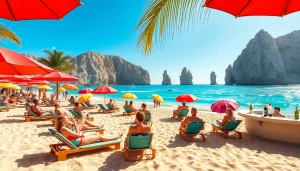 Experience Los Cabos vacation packages on the beach with vibrant umbrellas and sunset views.