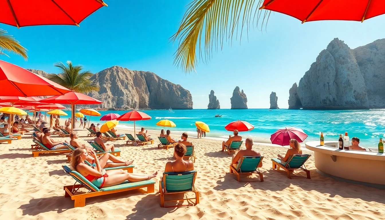 Experience Los Cabos vacation packages on the beach with vibrant umbrellas and sunset views.