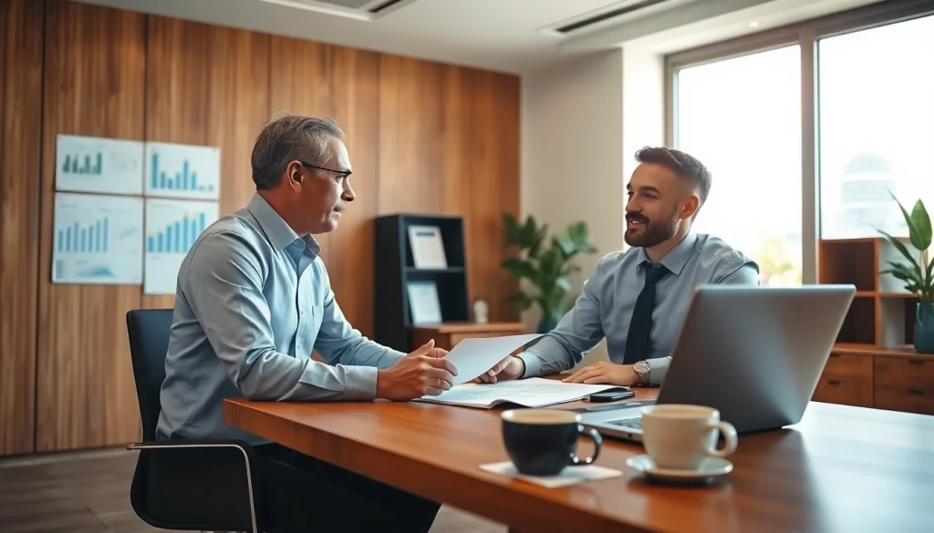 Engaging financial advisor San Antonio discussing strategies with a client in a modern office.