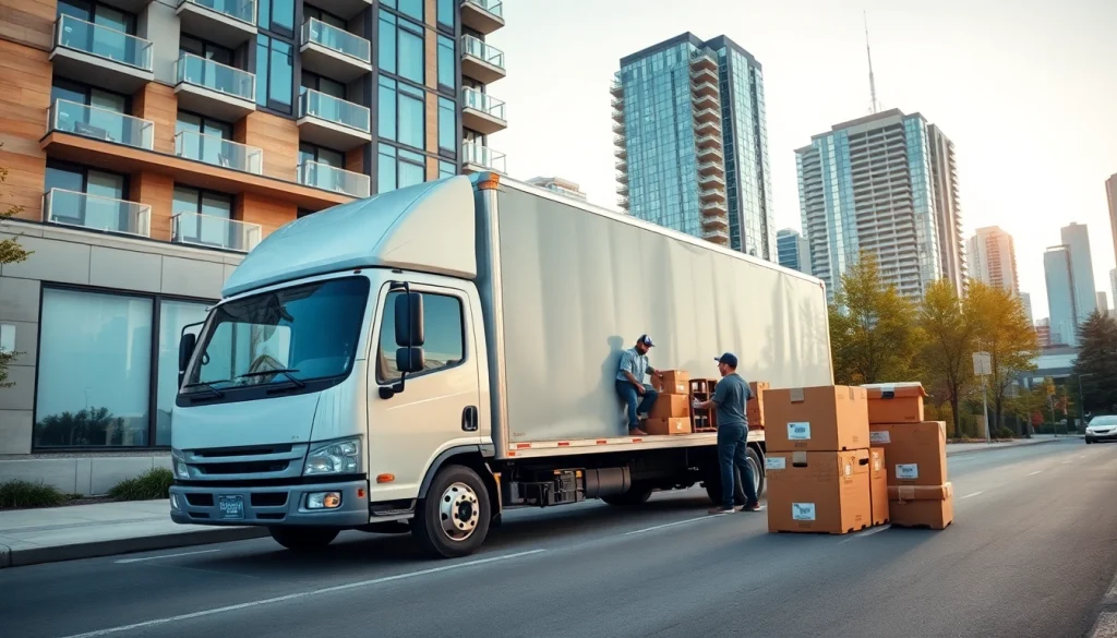 Toronto movers efficiently unloading boxes from a truck outside a modern building.