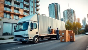 Toronto movers efficiently unloading boxes from a truck outside a modern building.