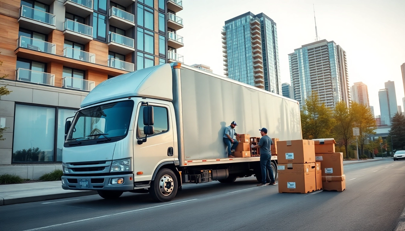 Toronto movers efficiently unloading boxes from a truck outside a modern building.