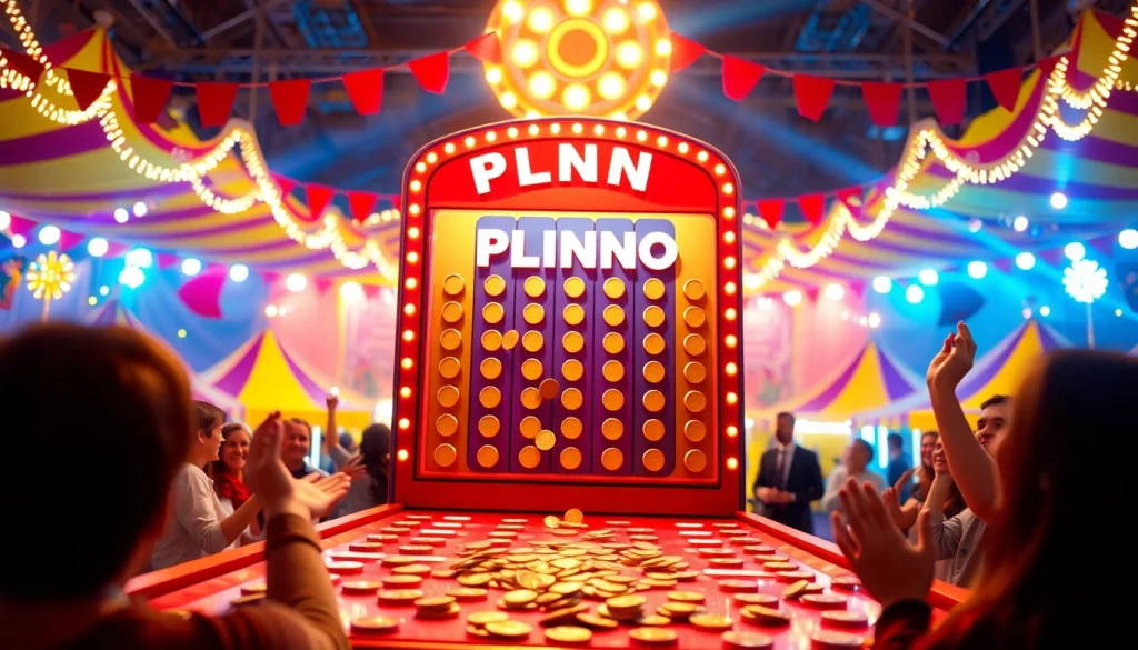 Engaging scene of a plinko game showcasing tokens in action while players cheer in excitement.