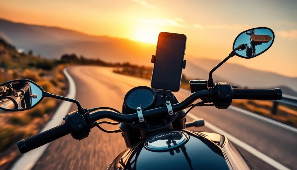 motopaco présente une moto sur une route pittoresque, mettant en avant un support pour téléphone innovant.