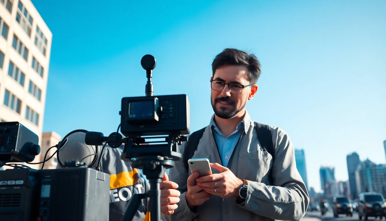 Conducting a noise impact assessment with professionals measuring sound levels in an urban environment.