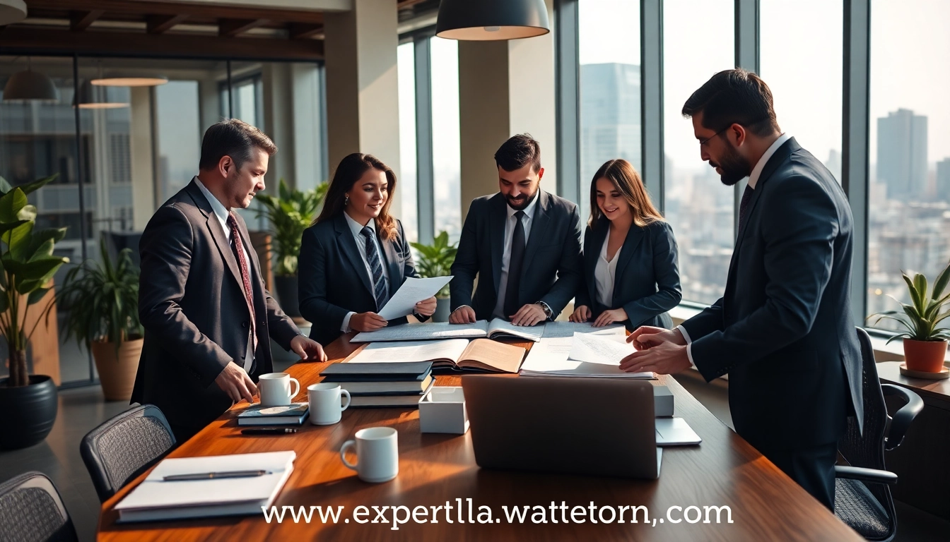 Collaborative legal professionals discussing strategies at https://www.expertlawattorneys.com in a modern office.