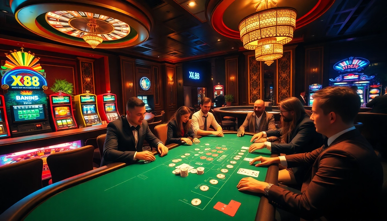 Experience the thrill of XX 88 Casino with poker chips and cards in a lively casino setting.